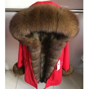 Maomaokong Vinter Kvinnor Real Fur Coat Natural Raccoon Lining Jacket Long Hooded med stor päls krage Tjocka Varma Black Parkas 211220