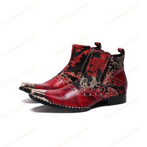 Plus Size Metal Pointed Toe Red Genuine Leather Embroidery Male Cowboy Ankle Boots Men Fashion Dress Zipper Boots