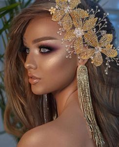 Роскошная золотая свадебная повязка на голову с цветком из сплава, свадебный головной убор со стразами, свадебные аксессуары для волос, украшения, корона, тиара для женщин G2943