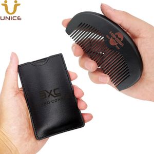 MOQ 100pcs Wooden Black Hair Combs with Leather Case Imprinted Customized LOGO Portable Pocket Size Anti Statics Beard Comb for Gentlemen