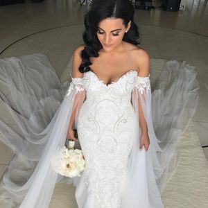 Abiti da sposa vintage in pizzo a tromba con strascico lungo per la sposa Perle con perline Due maniche Nastri Cappella Cattedrale Lunghezza Abiti da sposa a sirena