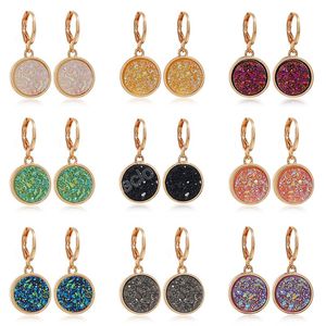 Drusy Yuvarlak Dangle Küpe İmitasyon Kristal Taş Druzy Küpe Altın Kaplama Marka Takı Kadınlar Için Reçine Asılı Hoop Küpe