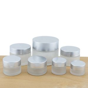 5g 10g 15g 20g 30g 50g Frosted Glass Bottle Cosmetic Jar Empty Face Cream Lip Balm Storage Container Pot Refillable Sample Bottles with Silver Lids and Inner Liners