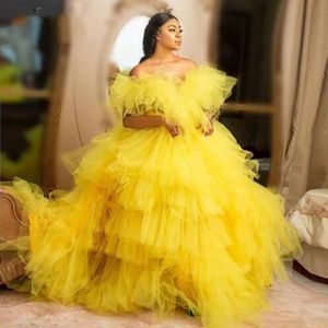 Plus Size Prom Dresses Tiered Puffy Party Abiye Formal Dress Long Robe De Soiree Yellow Tulle Evening Gown Off Shoulder