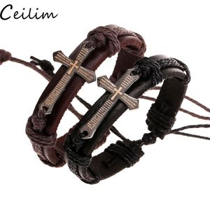 Vintage Leather Bracelets Bangles Metal Cross Jesus Charm snake chain Bracelet Adjustable Wax Cord Bracelet For Men Women