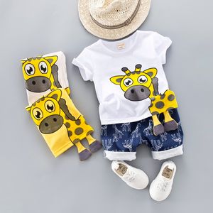 Summer Kids Baby Clothes Set For Boys 0-4 Years CLOTH Cut Cartoon Animal Infant Clothing Suit Giraffe Top T-shirt Toddler Outfit 201126