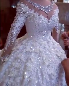 Bridal Gown New Arabic Dubai Crystal Wedding Dresses Full Sleeves Beaded Puffy D Flower Lace Wedding Gowns Robe De Mariee