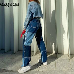 Ezgaga Patchwork Jeans Frauen Farbblock Hohe Taille Quaste Kontrast Hosen Lässige Streetwear Denim Hosen Damen Taschen Mode 201105