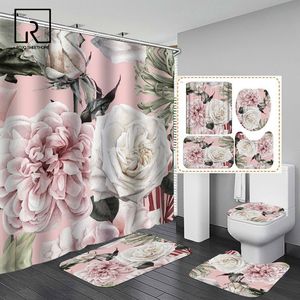 Pink Big Flowers Printed Shower Curtain Set with Rug Anti-slip Carpet Bathtub Toilet Screen Waterproof Bathroom Decor with Hooks 201028