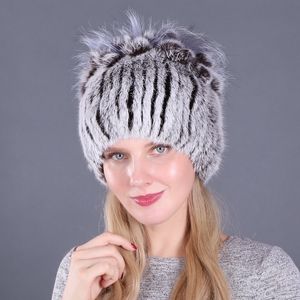 New Russia Women Real Rabbit Fur Hats Knitted Striped Lady 100% Genuine Rabbit Fur Beanies Hat Winter Warm Flowers Caps Y200103