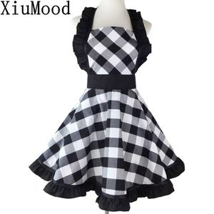 XiuMood Woman's Apron For Home Kitchen Cooking Dining Accessory Black And White Buffalo Plaid Retro Full Aprons Bib F1214255N