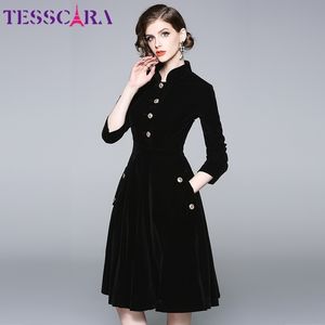 Tesscara mulheres outono inverno elegante veludo vestido festa de alta qualidade vintage festa vintage femme designer preto vestidos 201204