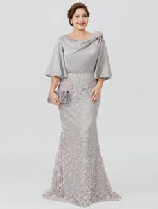 2022 新シルバーエレガントなロング母の花嫁のドレス半袖レースマーメイド結婚式のゲストドレスプラスサイズフォーマルイブニングウェア