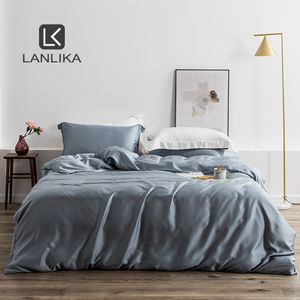 Lanlika Cinza Luxo 100% Natural Silk Set Country Set 25 mamãe Home Decor ColasSpread Rainha Rei Duveta Capa Plana Folha Fronha T200706