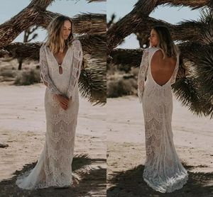 Rustic Bohemain Lace Wedding Dresses Hippie Sheath 2021 Country V Neck Long Sleeves Garden Bridal Gowns Sexy Backless Robes De Mariée AL7674