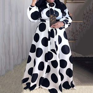 Plus Size 5XL oversize allentato contrasto colore punto stampato pavimento-lunghezza maxi abito a vita alta manica lanterna elegante retrò africano T200113