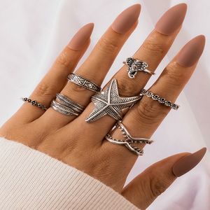 Forntida silverblad Elephant Starfish Rings Knuckle Ringar för Kvinnor Stackbara Joint Midi Finger Ring Set Will och Sandy 7pcs / Set