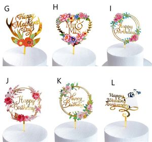 Nya hemfärgade blommor Grattis på födelsedagen Cake Topper Golden Acrylic Birthday Party Dessert Decoration For Baby Shower Baking Supplies KD1