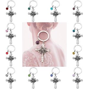 Creative Rose Cross Keychain med 12 Birthstones Smycken Memorial Gifts Väska Pendant Nyckelkedjor Religiösa kristna nyckelringar