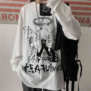 Koszulki z długim rękawem Harajuku Długim rękawem Jesień Gothic Vintage Print Ulzzang Przytulny Moda Streetwear Baggy Koreański Trendy BF Plus Topy G1222