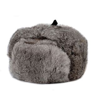 Men's Winter Genuine Rabbit Fur Bomber Hat - 100% Real Fur, Windproof, Warm Earmuffs, Fitted Casquette, Flat Grey/Black Russian Style