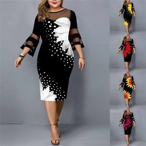 Plus Size Dress Women Evening Party Midi Elegant Mesh Lace Print Floral Casual Black Vintage Knitted Clothing 4xl 5xl 6xl 220210