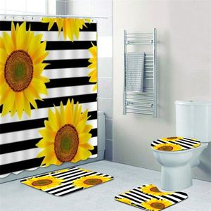 Stylish Black White Striped Sunflower Shower Curtain and Rug Set Sunflower Bathroom Curtains Bath Mat Carpet for Toilet Decor LJ201130