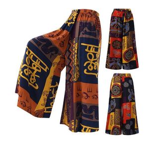 Calças Hippie Perna Larga Mulheres Oversize Linho Y2K Plus Size Roupas Boho Roupas S-5XL Calças Primavera Verão Outono 220211