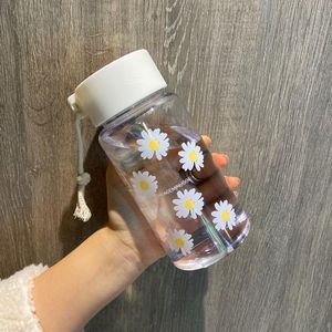 New Small Daisy Transparent Plastic Water Bottles 500ml Creative Frosted Water Bottle With Portable Rope Travel Tea Cup HH9-3680