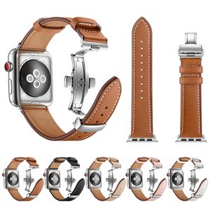 Apple Watch Series를위한 은색 팔찌 나비 걸쇠 스트랩 스트랩 벨트 진짜 가죽 밴드 1 2 3 4 5 6 7 8 SE 38mm 42mm 44mm 45mm 45mm Watch Band