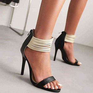 European and American style round head open toe trip belt side empty back zipper thin heel high-heeled sandals for women