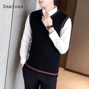 Men Autumn Winter Sweater V-neck Sleeveless Vest Smart Pullovers Slim Knitted Sweater Plus Velvet Kpop Student Man Clothing 20211210o
