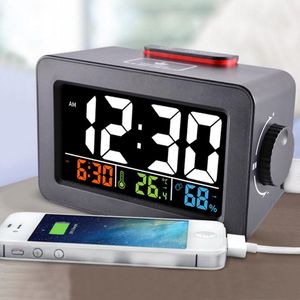 Gift Idea Bedside Wake Up Digital Alarm Clock with Thermometer Hygrometer Humidity Temperature Table Desk Clock Phone Charger LJ200827