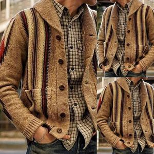 Men Casual Tops Shawl Collar Sweater Cardigan Long Sleeve Zip-up Knitted Coat Knitwear Fashion Jacquard Coats Male Autumn New
