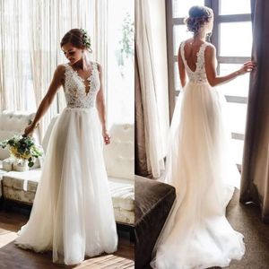 Simple A-Line Long Wedding Dress 2022 Ivory Sleeveless Sexy V Back Top Lace Plus Size Boho Beach Country Bridal Gown Spring Summer Brides Dresses Vestido