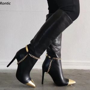 Rontic handgemachte Damen Winter-Kniestiefel aus Kunstleder, sexy Kette, Stiletto-Absätze, spitze Zehen, Schwarz, Weiß, Party-Schuhe, Größe 35–47