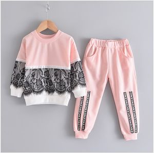 2021 New Spring Autumn Girls Tracksuit Clothing Sets Kids Long Sleeve Lace Stitching Sweatshirt+Pants 2pcs Set Children Suit Child Outfits
