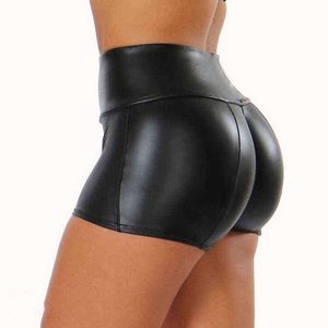 Läder Shorts Kvinnor Hög midja Bodycon Push Up Svart Kort Joggers Sport Fitness Kvinnor Sexiga Slim Shorts Spodenki Damskie Y220311