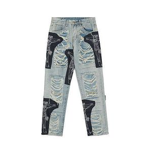 Erkek Jeans Yüksek Sokak Hip Hop Delik Yıkanmış Kot Yama Düz Pantolon