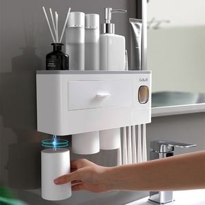 CYAN PEAK Dispenser di dentifricio con tazza Dentifricio Spremiagrumi Montaggio a parete Portaspazzolino Portaoggetti Accessori per il bagno Set LJ201204