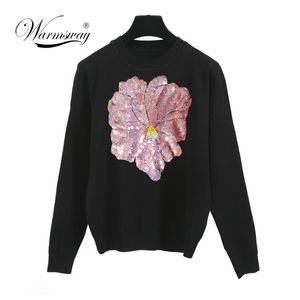 New 2020 Spring Europe Street Style Women Knit Sweater Sequins Big Flower Beading Knitwear Pullovers LJ201113