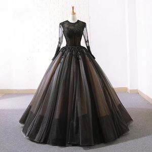 Vintage Black Nude Gothic Wedding Suknie Z Długim Rękawami Klejnot Neck Długość podłogi Non Białe suknie ślubne z kolorowym zwyczajem