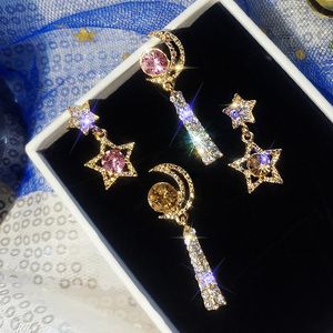 925 silver needle asymmetric star moon Diamond pearl Earrings femininity Korean personality net red Earrings