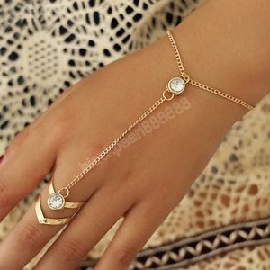 Bohemia Arm Link Ornaments Chain Bracelet Arrow Finger Ring for Women Crystal Gold Metal Chains Hand Harness Jewelry Gift