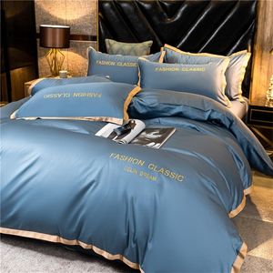 High-End-Qualität ägyptischer Baumwolle Bettwäsche-Set bestickte Satin-Licht Luxus-Quilt-Cover-Bettbezug Bett-Bett-Kissenbetten LJ201127