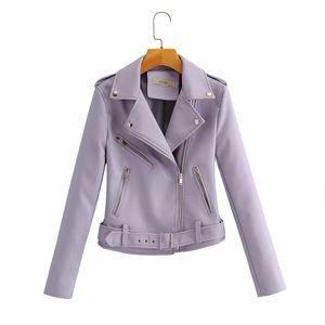 New Mulheres Biker Moto Jaqueta Primavera Outono Slim Zipper Roxo Casacos De Couro Faux Feminino com Cinto Preto PVC Couro Outwear LJ201012