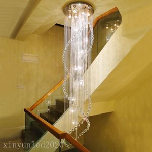 Modern LED K9 Crystal Chandeliers Lampor Lyxigt hotell Stair ljuskrona Lights Duplex Trappa Led Spiral Long Droplight Lighting