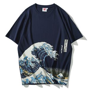 Marca de moda japonesa Ukiyo-e Kanagawa onda do mar tendência algodão redondo Pescoço personalidade retrô homens verão de mangas curtas t-shirt x1214