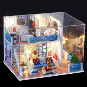 1Set söt diy dollhus miniatyr möbel kit leksaker montering byggnad docka hus trä leksaker för barn födelsedagsfödelsedaggåva 201215