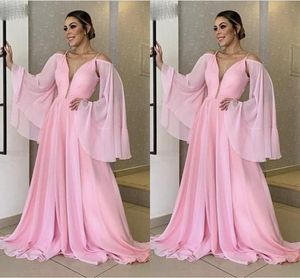 2021 Pink Long Poet Sleeves Prom Dresses Chiffon Off the Shoulder Spaghetti Straps Scoop Neck Custom Made Evening Party Gowns Vestidos